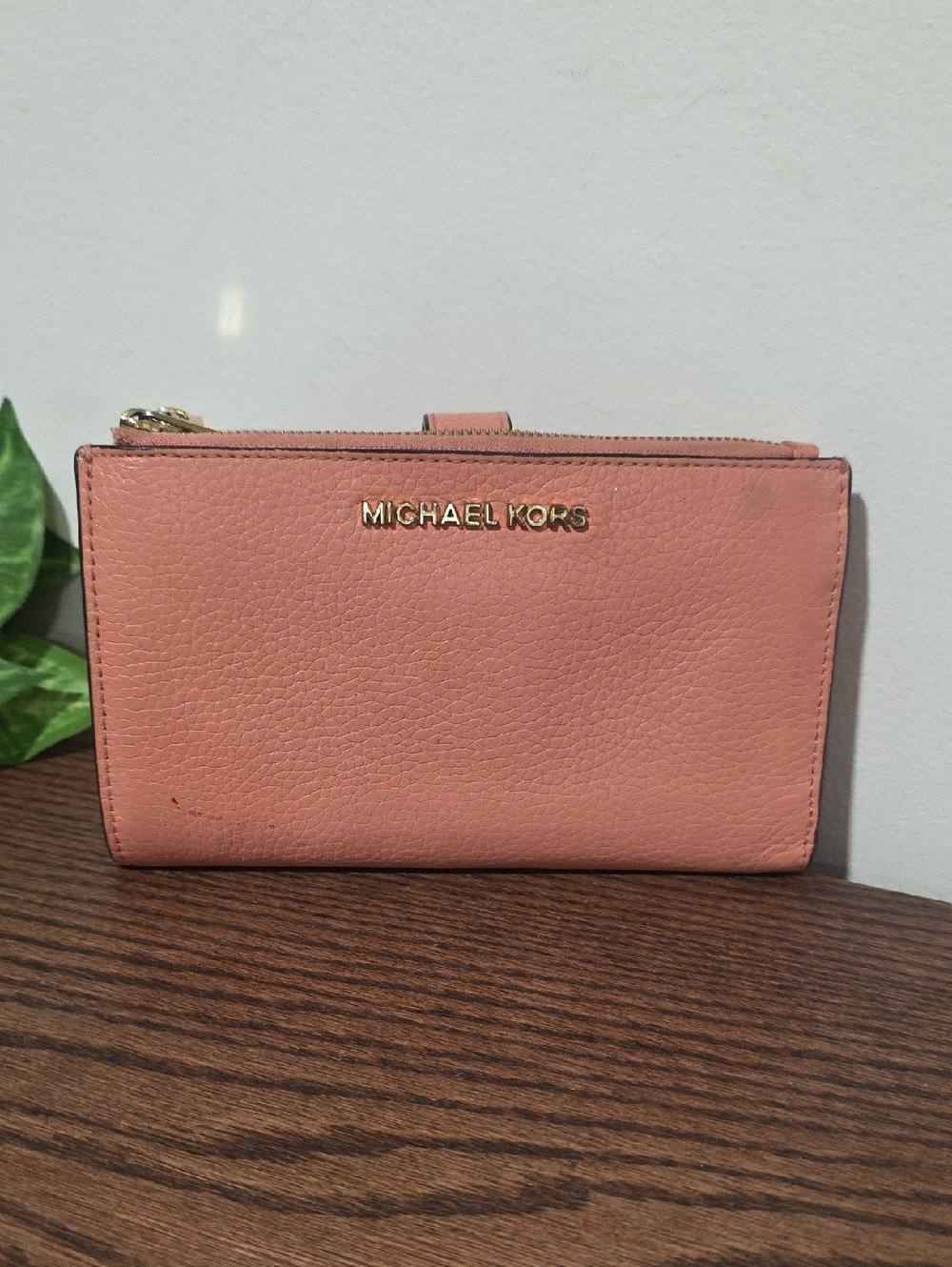 Michael Kors Peach Pebble Leather Snap Bifold Wristlet Wallet